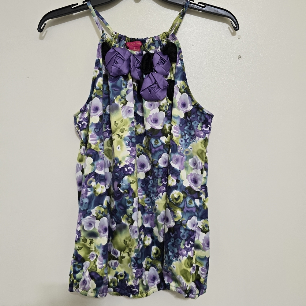 SUNNY LEIGH size Small Floral Satin Tank 3D‎ Neckline Purple Green Cottagecore - Picture 6 of 12